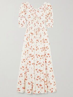 Doen Ischia shirred floral-print organic cotton-blend voile midi dress